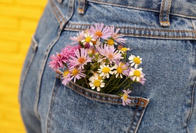 Woman with beautiful tender flowers in back pocket of jeans near yellow brick wall, closeup