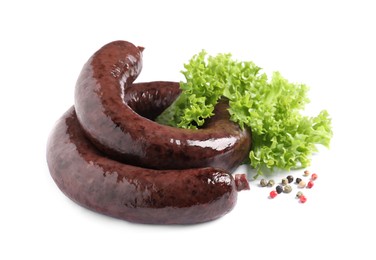 Tasty blood sausages, lettuce and pepper on white background