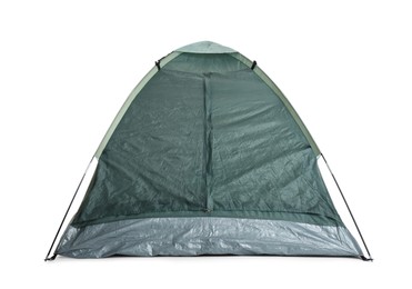 Comfortable dark green camping tent on white background