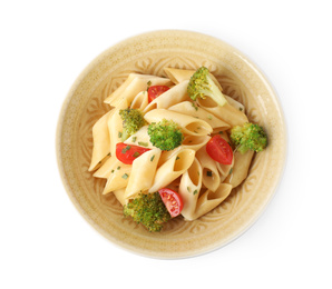 Tasty pasta with cherry tomatoes and broccoli isolated on white, top view