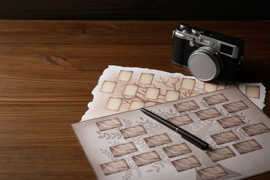 Papers with family tree templates, vintage camera and pen on wooden table. Space for text