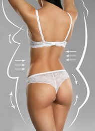 Slim young woman after weight loss on light grey background, back view 