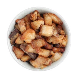Photo of Tasty fried cracklings in bowl on white background, top view. Cooked pork lard