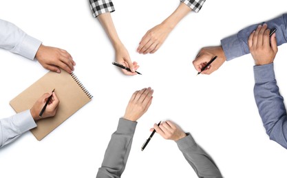 Collage with photos of people holding pens and notepad on white background