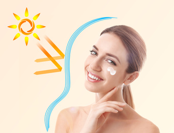 Illustration of sun protection layer and beautiful young woman with healthy skin on beige background