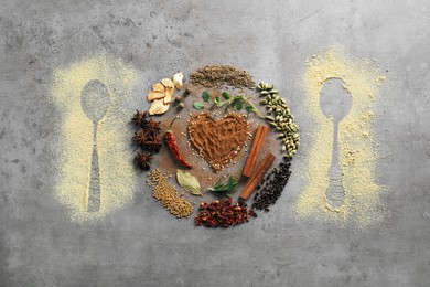Photo of Flat lay composition with different spices and silhouettes of spoons on grey textured table