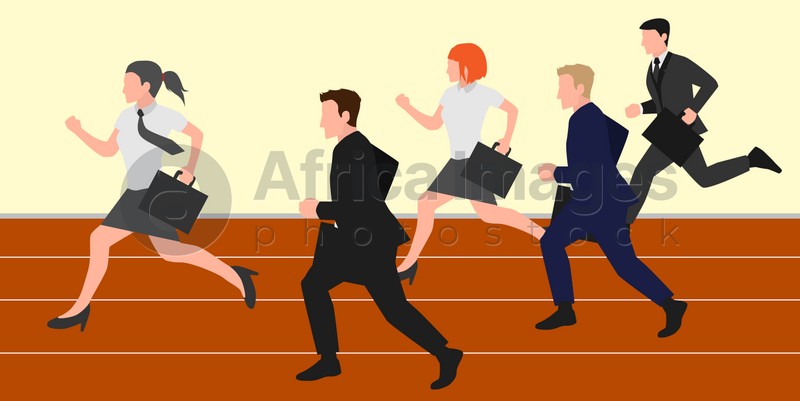 Competition concept. Office workers racing on running track and one woman outpacing. Illustration