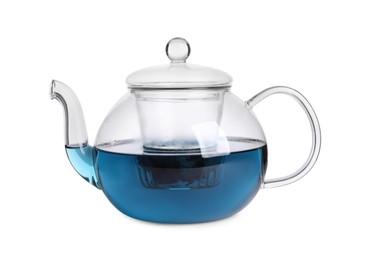 Glass pot of organic blue Anchan on white background. Herbal tea