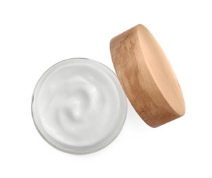 Jar of hand cream isolated on white, top view