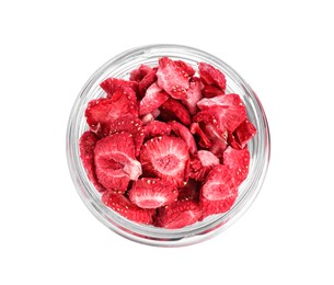 Freeze dried strawberries in glass jar on white background, top view