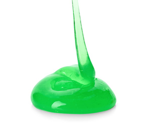 Photo of Flowing green slime on white background. Antistress toy
