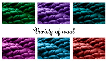 Samples of different wool on white background, collage. Color palette