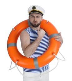 Young sailor with ring buoy on white background