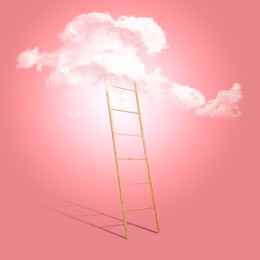 Wooden ladder leading to white cloud on pink background. Concept of growth and development
