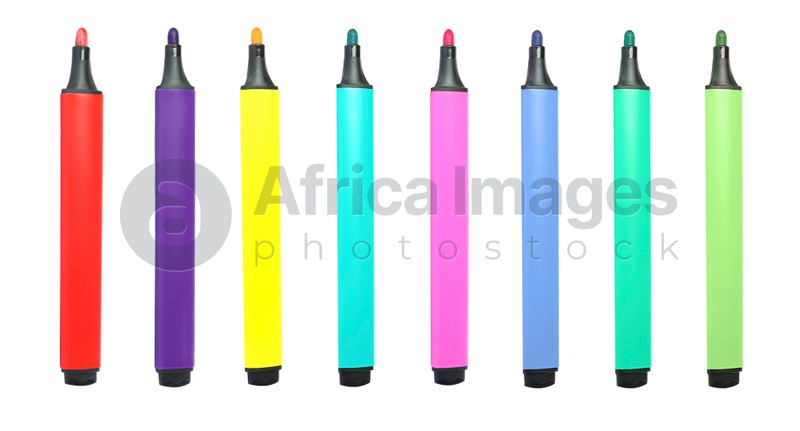 Set with bright multicolored marker pens on white background. Banner design