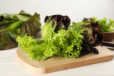 Different sorts of lettuce on white wooden table