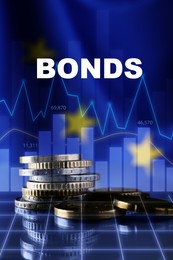 Image of Concept of bonds. Many coins and illustration of financial charts on blue background