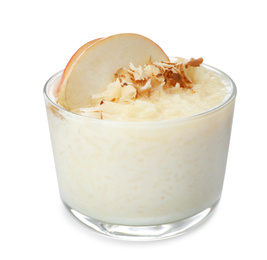 Delicious rice pudding with apple and almond isolated on white