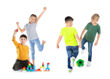 Collage of cute little children playing on white background