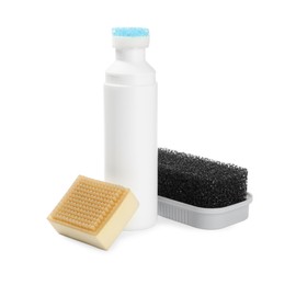 Shoe care accessories on white background. Footwear clean items
