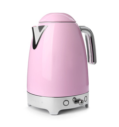 Modern pink electric kettle with base isolated on white