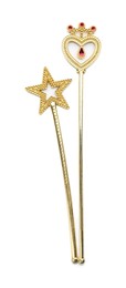 Beautiful golden magic wands on white background, top view