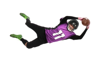 American football player catching ball on white background