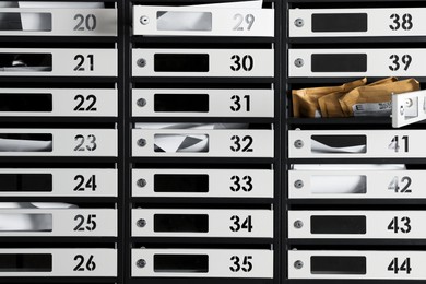 Many mailboxes with keyholes, numbers and correspondence as background