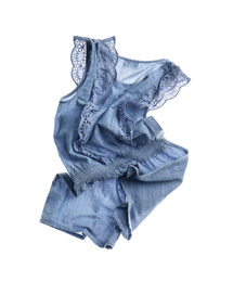 Rumpled blue romper isolated on white. Messy clothes