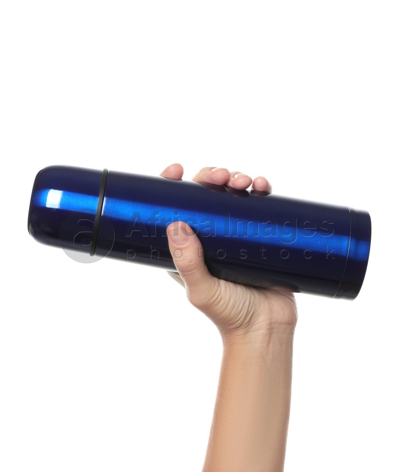 Woman holding blue thermos on white background, closeup