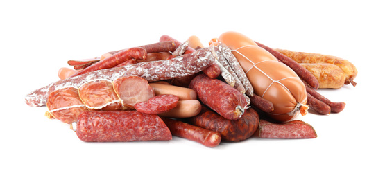 Different tasty sausages on white background. Meat product
