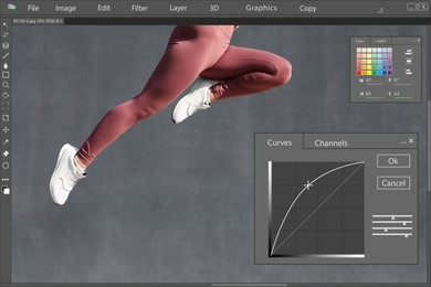 Professional photo editor application. Image of woman in stylish sportswear jumping on grey background, closeup