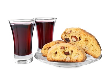 Tasty cantucci and glasses of liqueur on white background. Traditional Italian almond biscuits