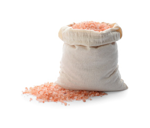 Sack of pink himalayan salt isolated on white