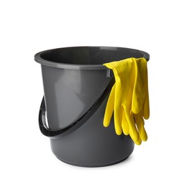 Grey bucket and rubber gloves on white background