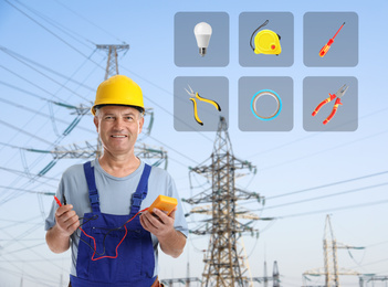 Mature electrician and tools against high voltage towers