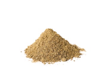 Photo of Heap of ground black pepper on white background. Aromatic spice