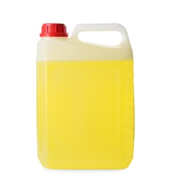 Plastic canister with detergent isolated on white. Cleaning supply