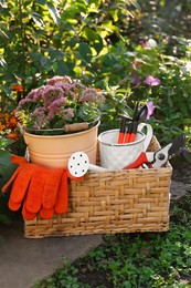 Photo of Basket with watering can, gardening tools and rubber gloves in garden