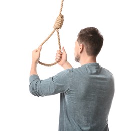 Man with rope noose on white background, back view