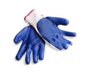 Pair of gardening gloves on white background, top view