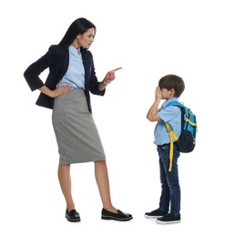 Teacher scolding pupil for being late against white background