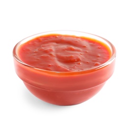Delicious tomato sauce in bowl on white background