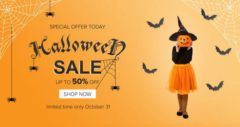 Image of Halloween sale banner with little witch on orange background