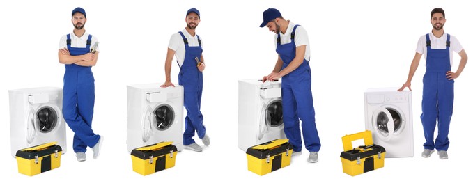 Collage with photos of repairman with toolbox near washing machine on white background