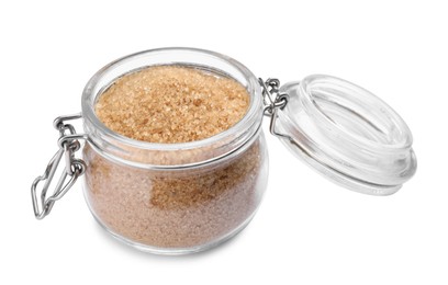 Brown sugar in glass jar isolated on white
