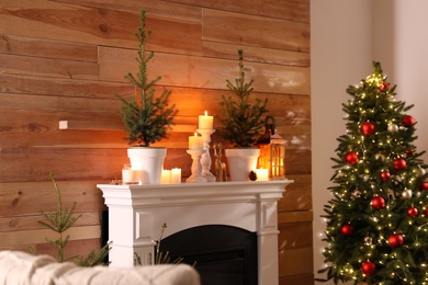 Beautiful room interior with potted firs, fireplace and decorated Christmas tree