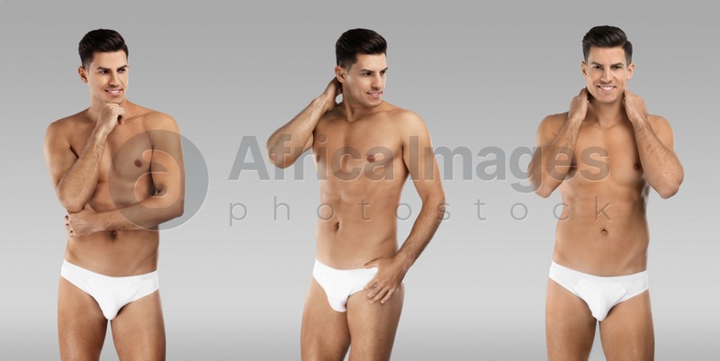 Collage of man in underwear on grey background