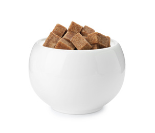 Ceramic bowl with brown sugar cubes isolated on white