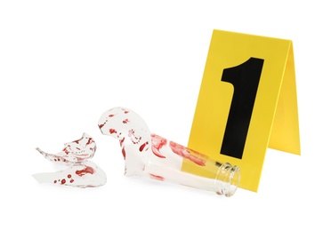 Bloody broken bottle and crime scene marker with number one isolated on white
